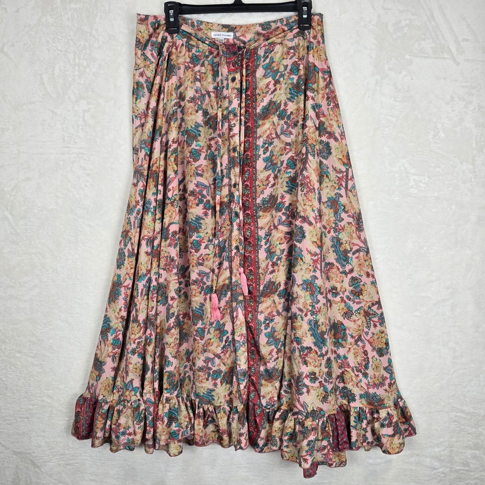 Karma Highway Pink Floral Paisley Metallic Button Front Ruffle Maxi Skirt OS